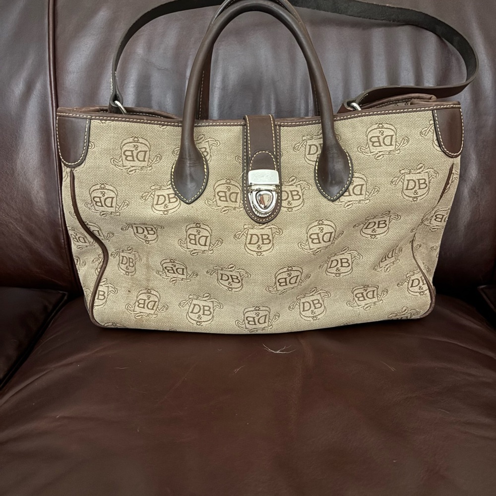 Dooney & Bourke Brown and Tan Logo Tote Bag. Canvas with leather accents